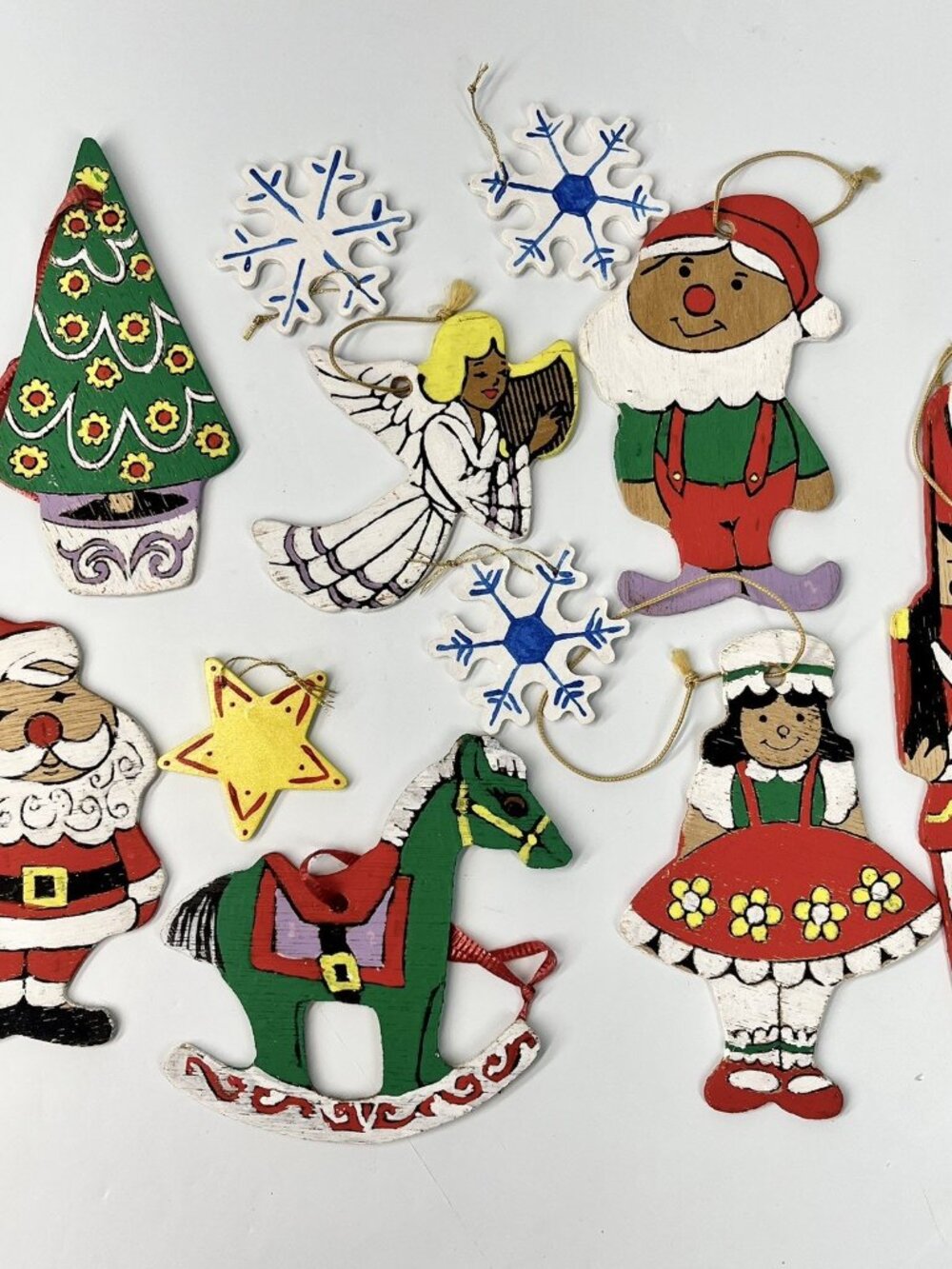 VTG Lot of 11 Hand Painted Flat Wooden Christmas Ornaments Santa Angel Elf Tree